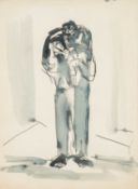 ‡ JOSEF HERMAN OBE RA pen and ink - child clinging to standing figure, 38 x 28cms Provenance: