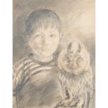 ‡ ANDREW VICARI pencil on paper - untitled, portrait of a young boy with owl, signed fully, 34 x