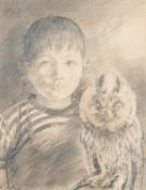 ‡ ANDREW VICARI pencil on paper - untitled, portrait of a young boy with owl, signed fully, 34 x