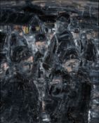 ‡ PETER JOHN JONES oil on canvas - group of miners with helmets and lamps with winder in background,