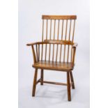 PRIMITIVE WELSH ELM & ASH COMB BACK CHAIR, 19th Century, nine-stick back, carved arms, bowed