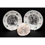 PAIR OF YNYSMEUDWY POTTERY CHILDREN'S PLATES having moulded borders, transferred with scenes of