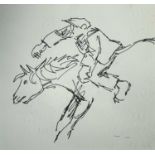 ‡ SIR KYFFIN WILLIAMS RA ink - dynamic horse with bareback rider, possibly Patagonian gaucho, 17 x