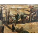 ‡ WILL ROBERTS very large oil on board - figure on road with buildings and trees, entitled verso