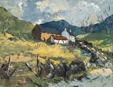 ‡ CHARLES WYATT WARREN oil on board - farmstead and track with mountains in background believed to