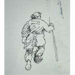 ‡ SIR KYFFIN WILLIAMS RA ink drawing on paper - sketch of walking farmer with stick, 17 x 15cms