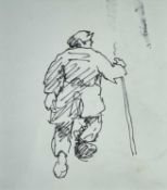 ‡ SIR KYFFIN WILLIAMS RA ink drawing on paper - sketch of walking farmer with stick, 17 x 15cms