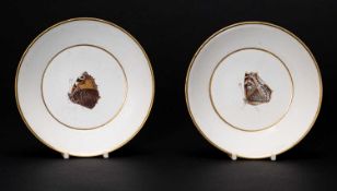 A RARE PAIR OF CAMBRIAN SWANSEA EARTHENWARE STRAIGHT-SIDED SAUCERS hand painted with butterflies