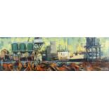 ‡ HYWEL HARRIES oil on board - Cardiff docklands with enclosed title believed 'Silos and Scrap',