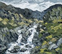 ‡ MARTIN LLEWELLYN oil on board - entitled verso 'Rocks and Waterfall' on Fountain Fine Art label,