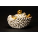 SWANSEA PORCELAIN SHELL INKWELL, formed as an upturned shell picked out in gold, three smaller