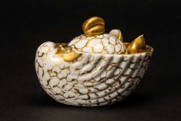 SWANSEA PORCELAIN SHELL INKWELL, formed as an upturned shell picked out in gold, three smaller