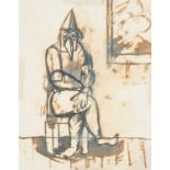 ‡ JOSEF HERMAN OBE RA pen and ink - seated figure in Jewish Purim Festival costume with pointed