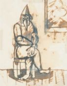 ‡ JOSEF HERMAN OBE RA pen and ink - seated figure in Jewish Purim Festival costume with pointed
