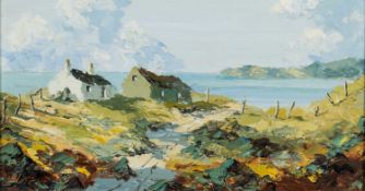 ‡ CHARLES WYATT WARREN oil on board - coastal cottages north Wales, entitled verso 'Near Cilan,