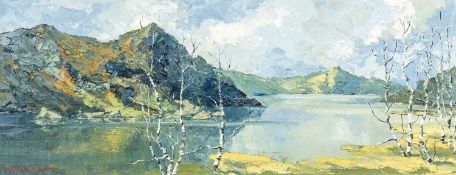 ‡ CHARLES WYATT WARREN oil on board - Eryri landscape with lake and silver birch trees, signed, 29 x