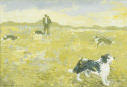 ‡ ANEURIN JONES acrylic - entitled verso with artist's address, 'Bugail a'i Gwn' (Shepherd and his