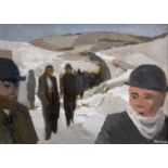 ‡ JOHN ELWYN oil on board - entitled verso, 'Welsh Funeral in the Snow', signed, dated verso 1951,