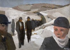 ‡ JOHN ELWYN oil on board - entitled verso, 'Welsh Funeral in the Snow', signed, dated verso 1951,