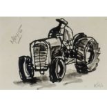 ‡ SIR KYFFIN WILLIAMS RA ink and wash - farmer seated on tractor, inscribed in pencil 'MAY 15', (