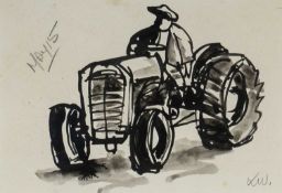 ‡ SIR KYFFIN WILLIAMS RA ink and wash - farmer seated on tractor, inscribed in pencil 'MAY 15', (