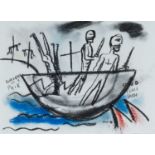 ‡ IWAN BALA mixed media - figures in boat, impaled figures and the Welsh inscriptions 'Dadeni yn y