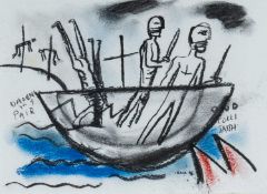 ‡ IWAN BALA mixed media - figures in boat, impaled figures and the Welsh inscriptions 'Dadeni yn y