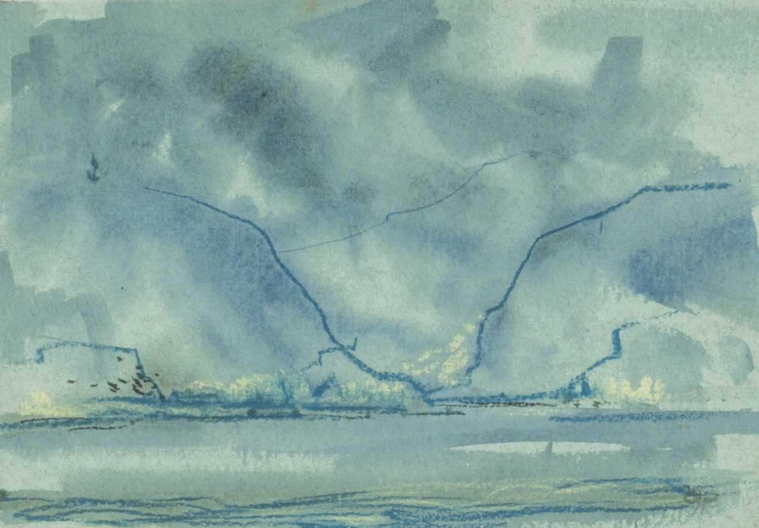 ‡ GWILYM PRICHARD mixed media on paper - grey lake with distant buildings, signed with initials,