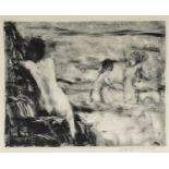 ‡ HARRY HOLLAND monotype - three figures bathing, signed in pencil, titled verso 'Beach', typed