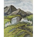 ‡ WYNNE JENKINS oil on board - mountain landscape with village and chapel, signed verso, 97 x