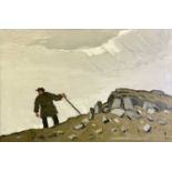 ‡ SIR KYFFIN WILLIAMS RA oil on canvas - farmer with stick surveying from mountain ridge, signed