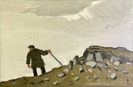 ‡ SIR KYFFIN WILLIAMS RA oil on canvas - farmer with stick surveying from mountain ridge, signed