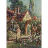 ‡ WILL EVANS watercolour - a maiden with birds outside a timber framed cottages, entitled 'Feeding