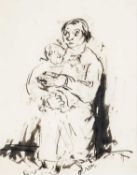 ‡ JOSEF HERMAN OBE RA pen and ink - barefooted mother and baby, 20 x 16cms Provenance: Gwyn &