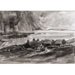 ‡ SIR KYFFIN WILLIAMS RA inkwash - Penrhyn Du Farm, Ynys Mon (Anglesey) with approaching storm,