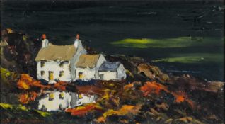 ‡ CHARLES WYATT WARREN oil on board - unusual night-time scene with whitewashed cottage on Pen Llyn,