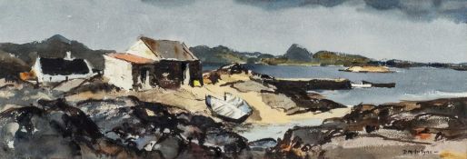 ‡ DONALD MCINTYRE mixed media - entitled verso, 'Boats, Ballyconneely Bay', signed, 25 x 73cms