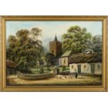 ALFRED WORTHINGTON oil on board - Llanbadarn Fawr Church and the historic 'Black Lion Inn' with