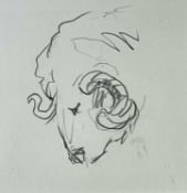 ‡ SIR KYFFIN WILLIAMS RA pencil on paper sketch - head of horned sheep or ram, 19 x 15cms