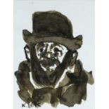 ‡ KAREL LEK MBE inkwash - portrait of man in hat, signed, 19 x 14cms Provenance: private