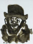 ‡ KAREL LEK MBE inkwash - portrait of man in hat, signed, 19 x 14cms Provenance: private