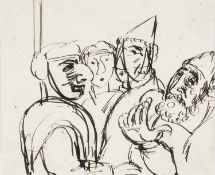 ‡ JOSEF HERMAN OBE RA pen and ink - Jewish storyteller with audience of three figures, circa 1940-