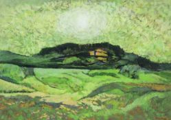 ‡ JOHN ELWYN mixed media - untitled landscape under hazy sun, signed in full, 32 x 45cms Provenance: