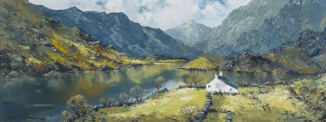 ‡ CHARLES WYATT WARREN oil on board - whitewashed cottage beside a lake, Eryri (Snowdonia),