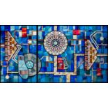 ‡ JOHN PETTS important stained glass installation in two sections with bespoke aluminium stand -