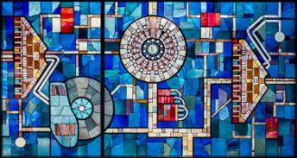 ‡ JOHN PETTS important stained glass installation in two sections with bespoke aluminium stand -