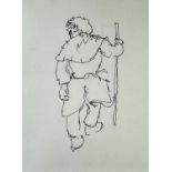 ‡ SIR KYFFIN WILLIAMS RA pen on paper sketch - full-portrait of farmer in overcoat and with stick,
