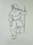 ‡ SIR KYFFIN WILLIAMS RA pen on paper sketch - full-portrait of farmer in overcoat and with stick,