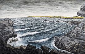 ‡ ALEX UXBRIDGE oil on canvas - entitled verso, 'Crashing Waves, Anglesey' on Boundary Gallery
