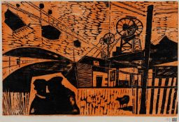 NATHANIEL DAVIES artist's proof woodcut - south Wales colliery with two figures, studio stamp, 48